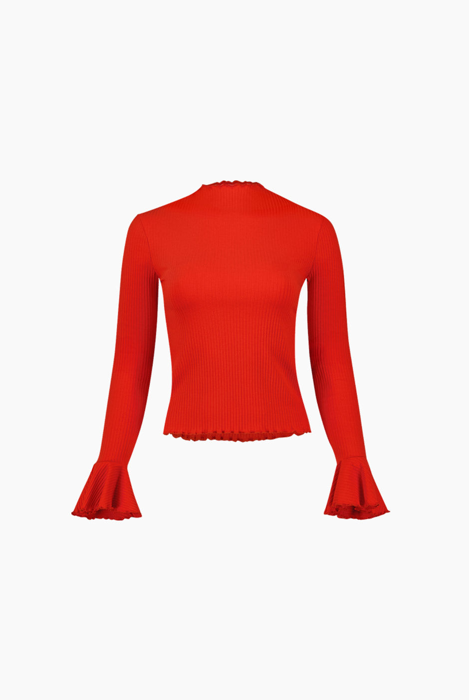 Blusa roja de cuello redondo con escarolas y mangas largas