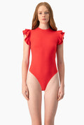 Body rojo con cuello redondo y olanes en los hombros