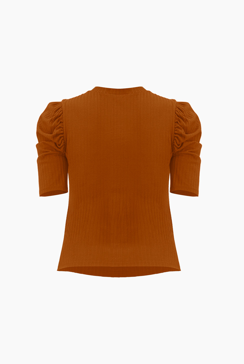 Blusa café recta con hombros abullonados y cuello redondo.