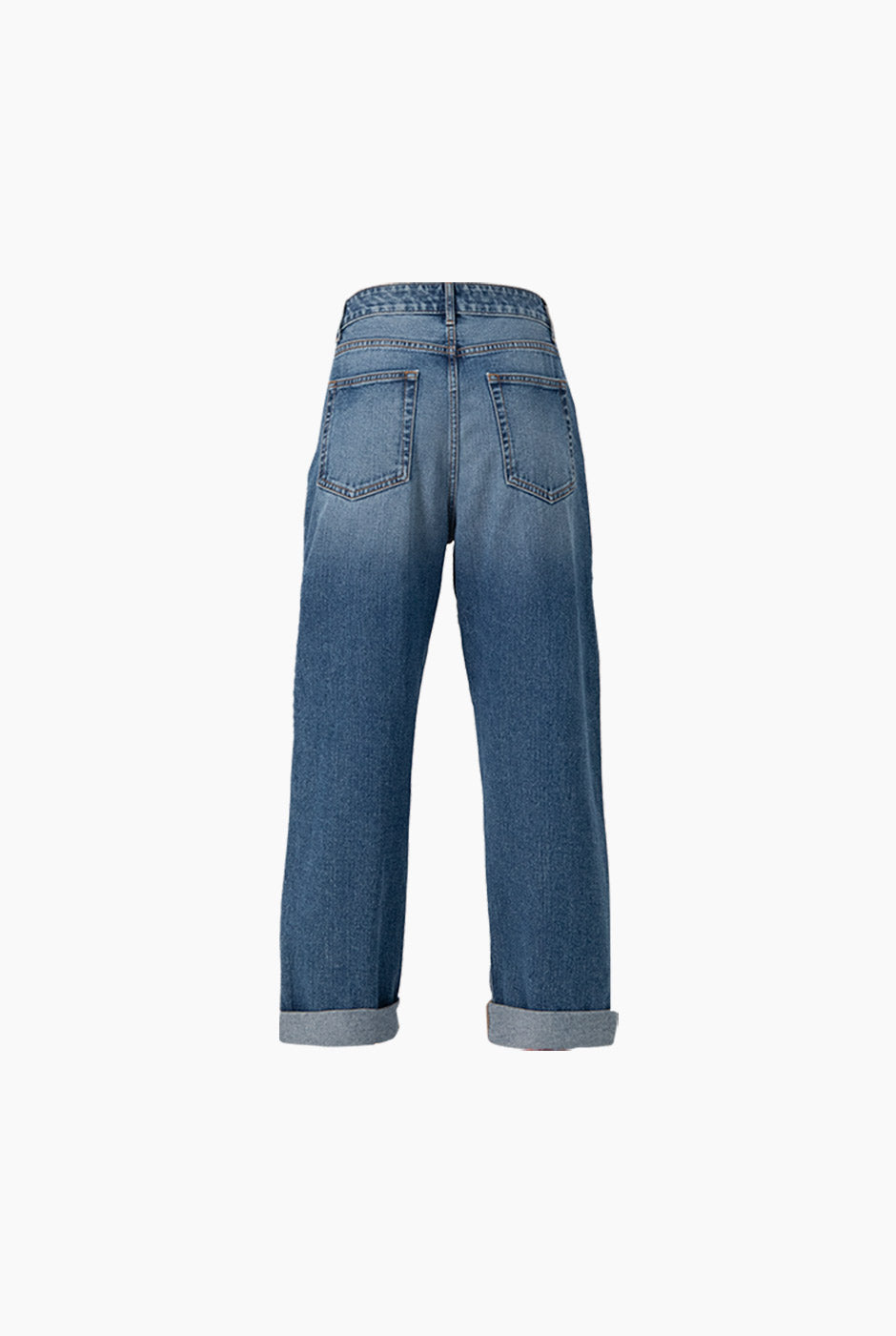 Jeans denim azul de pierna ancha con bolsillos y dobladillo
