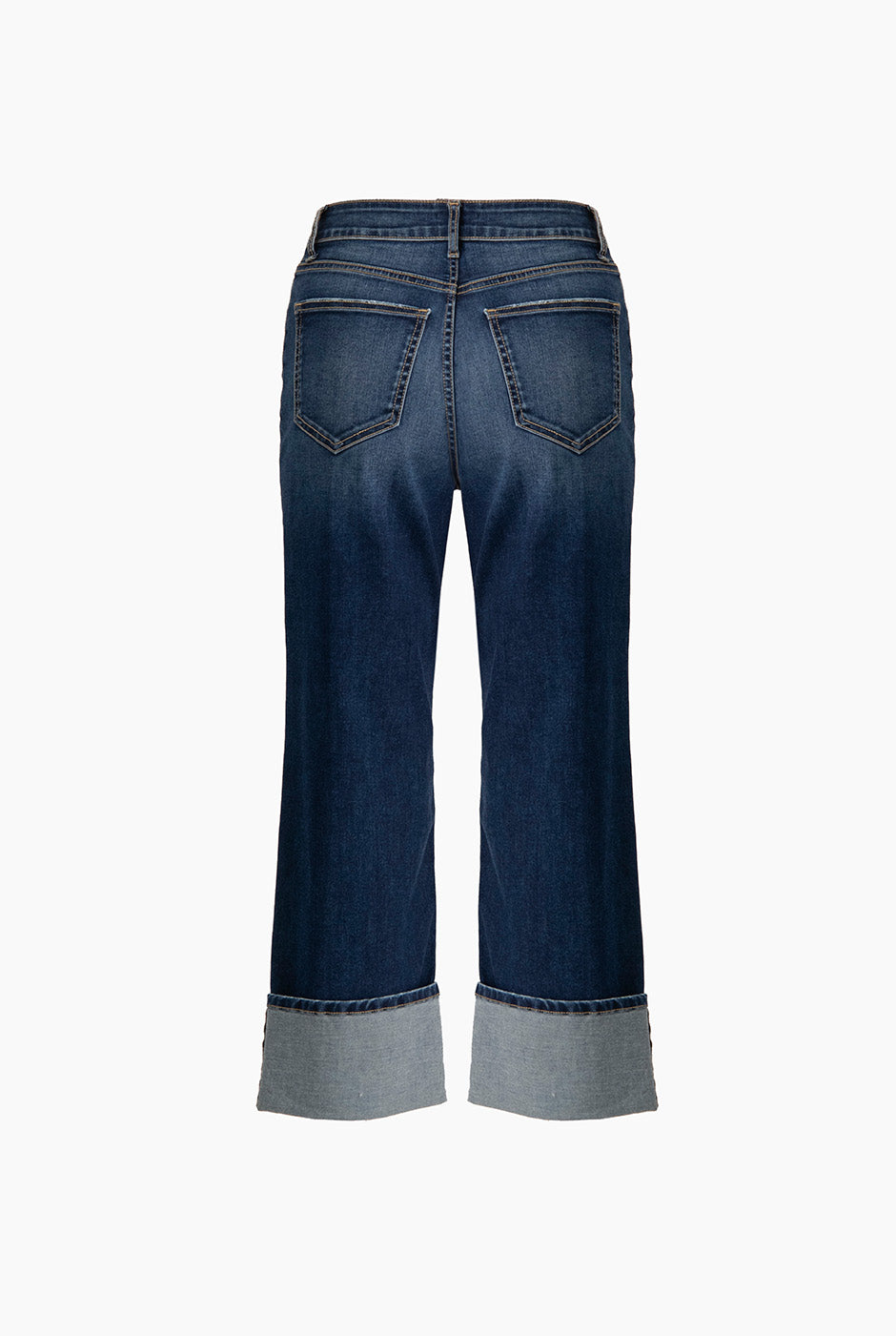Jeans recto de mezclilla azul con bolsillos y dobladillo vuelto