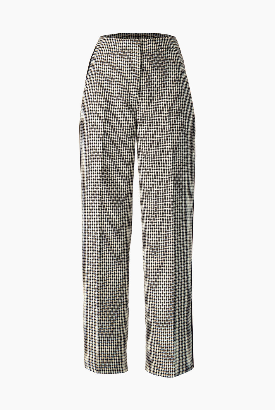 Pantalón negro de pierna amplia con estampado de cuadros y banda lateral