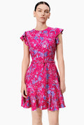 Vestido corto fucsia con estampado floral y manga olan