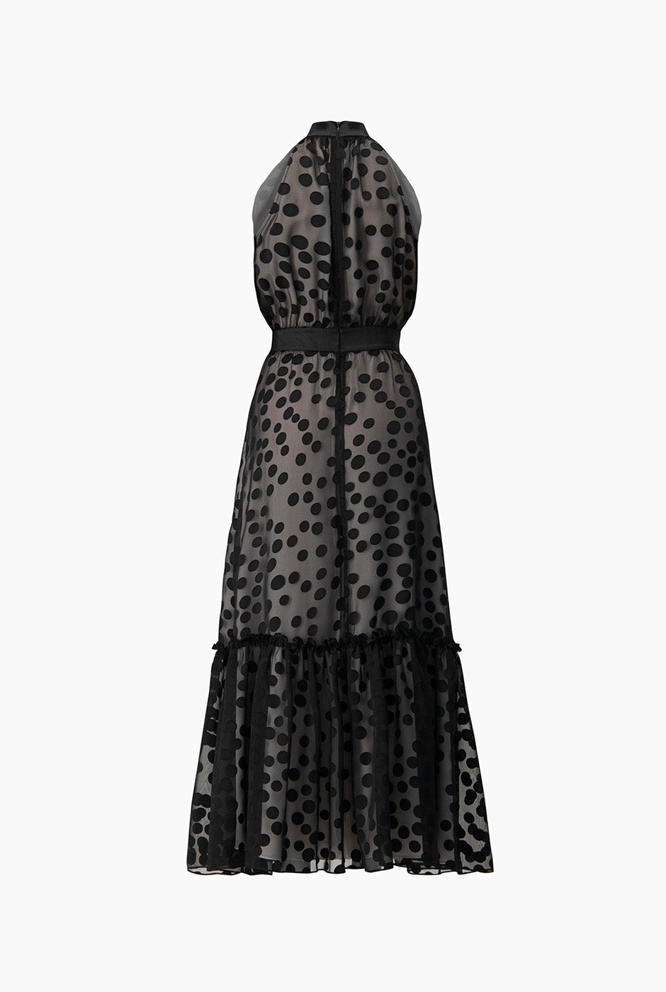Vestido maxi negro con lunares y cuello halter