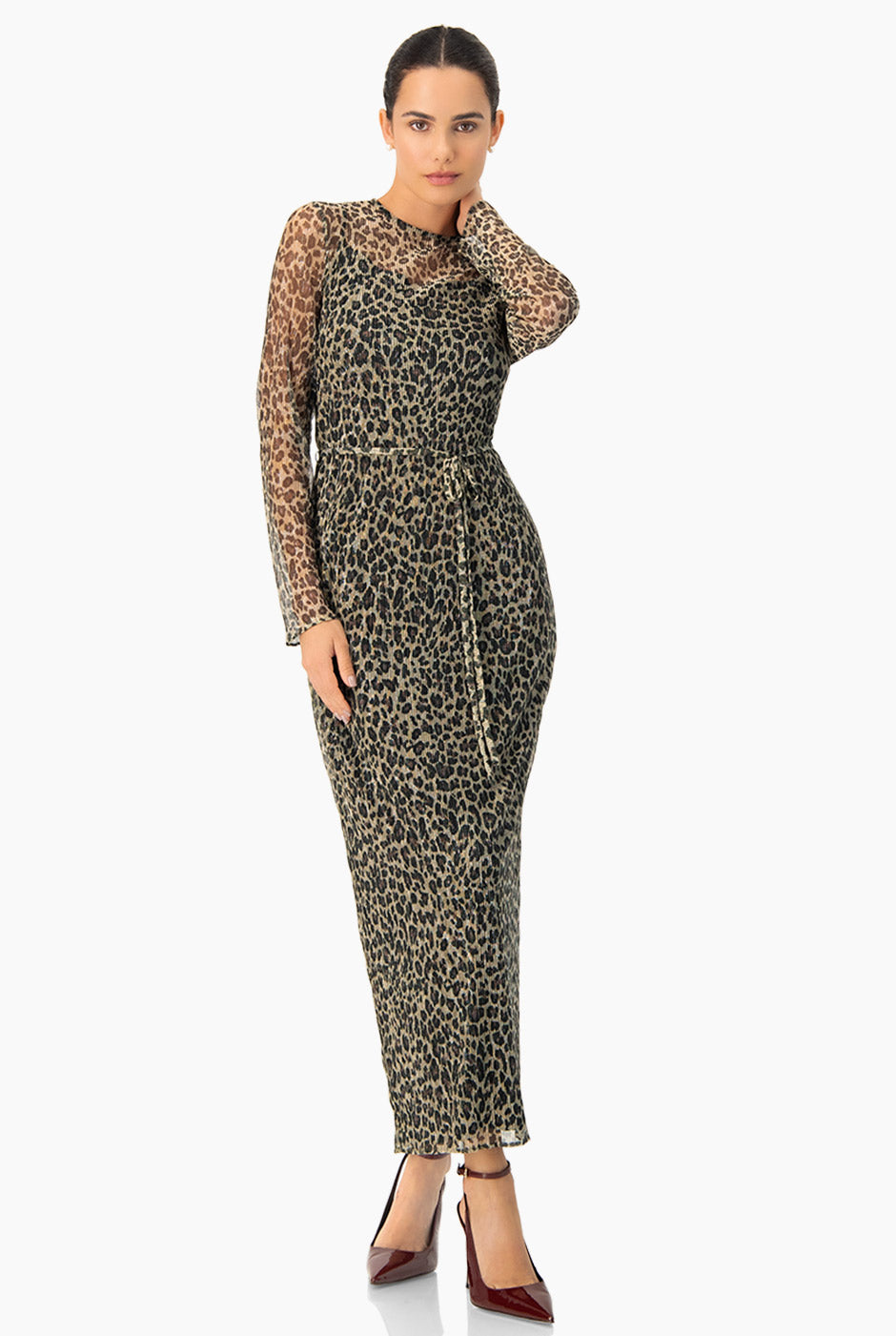 Vestido largo animal print con manga larga y lazo en cintura