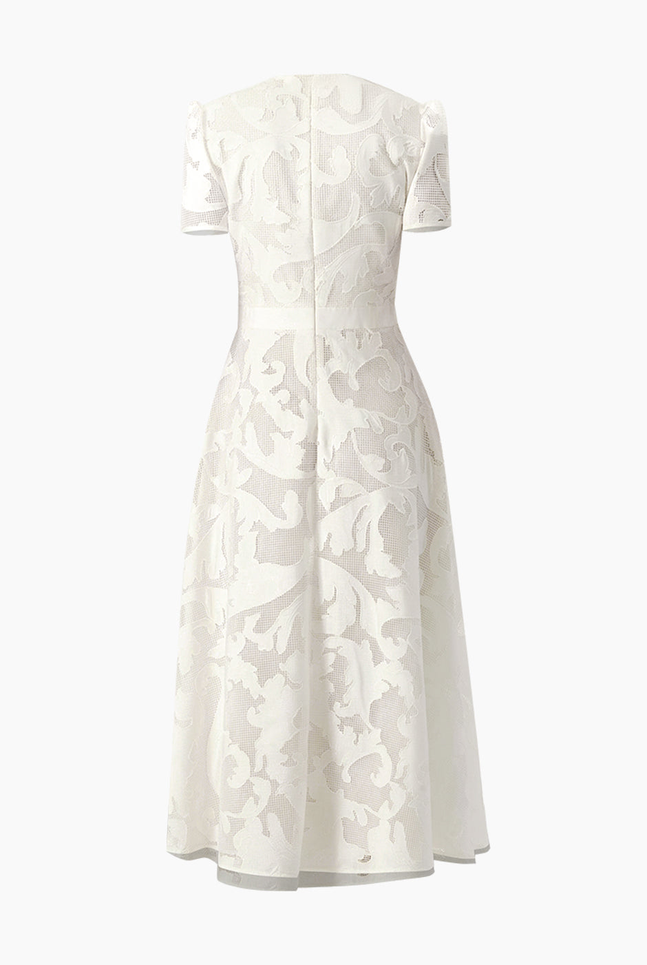 Vestido blanco línea A con encaje floral y transparencias