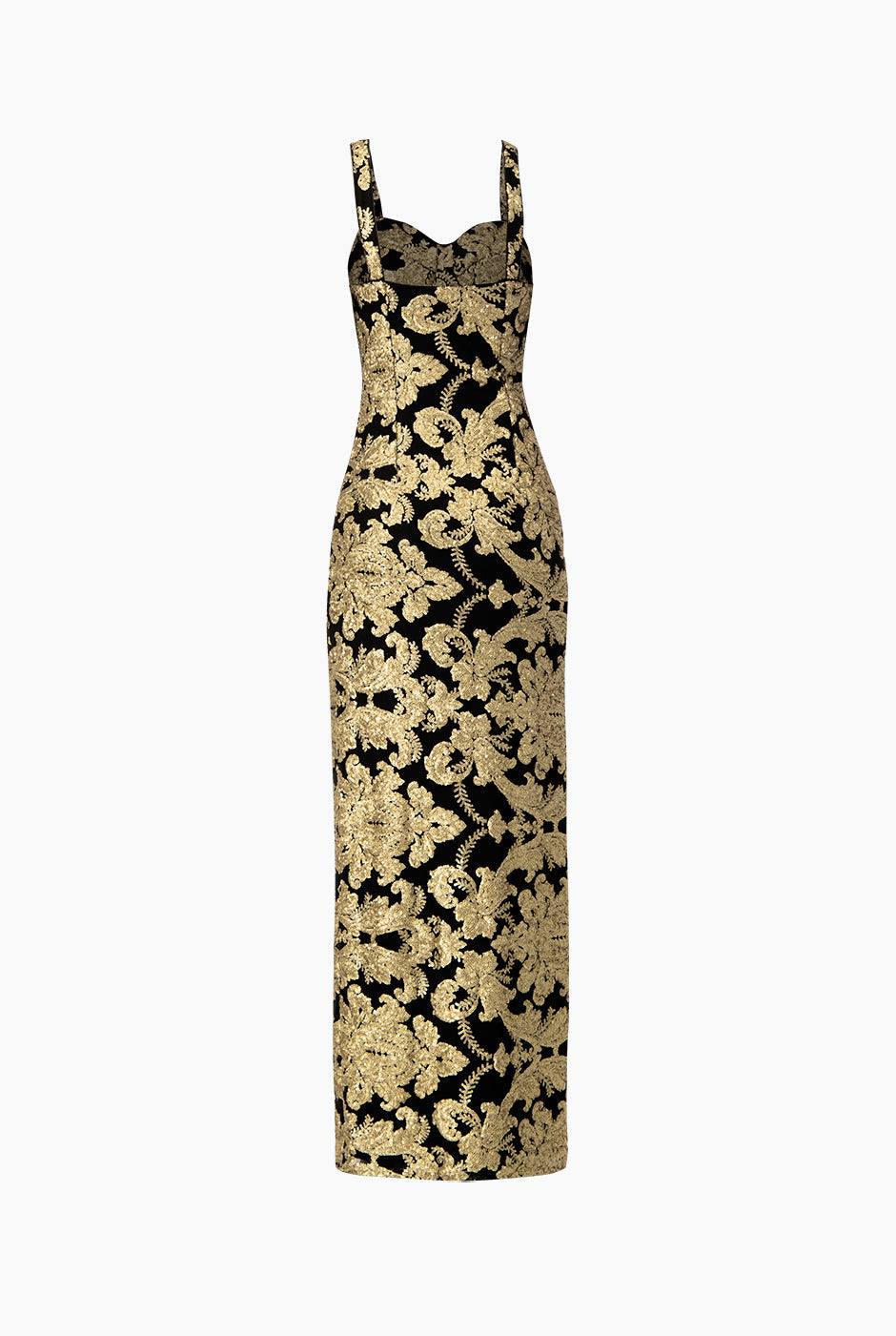 Vestido largo dorado con lentejuelas y abertura lateral